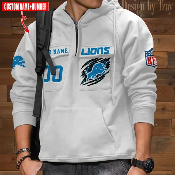 Detroit Lions NFL Multi Pocket Zipper Retro Hoodie AZVMHD757 - Image 7