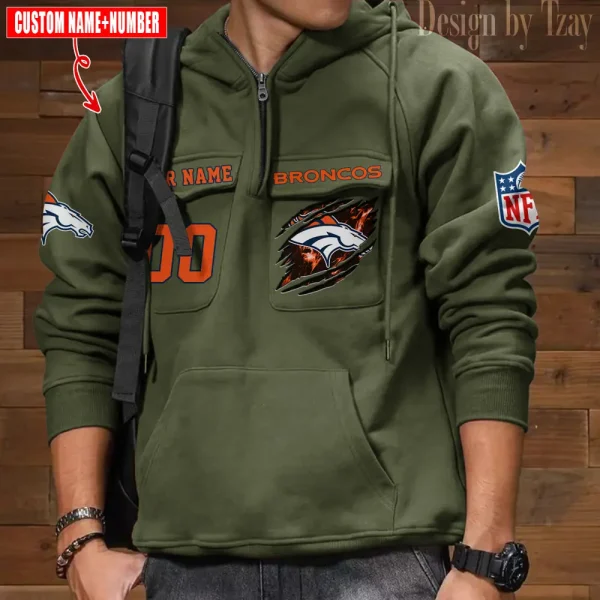 Denver Broncos NFL Multi Pocket Zipper Retro Hoodie AZVMHD758 - Image 4