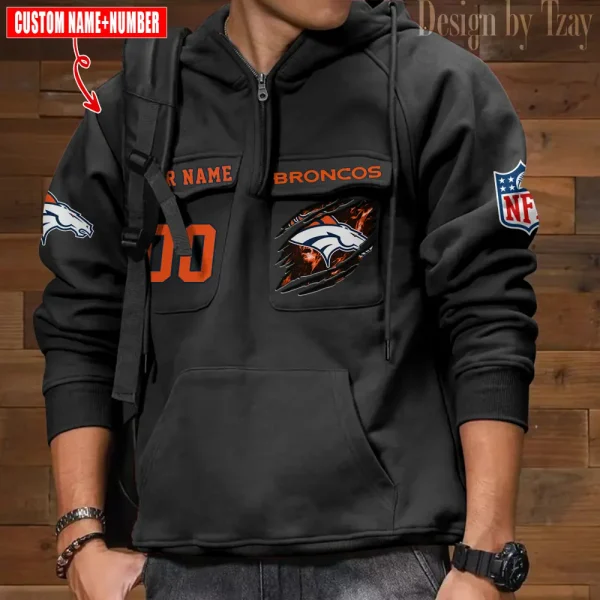 Denver Broncos NFL Multi Pocket Zipper Retro Hoodie AZVMHD758 - Image 7