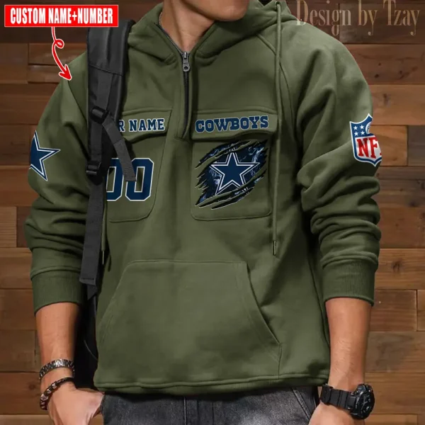 Dallas Cowboys NFL Multi Pocket Zipper Retro Hoodie AZVMHD759 - Image 4