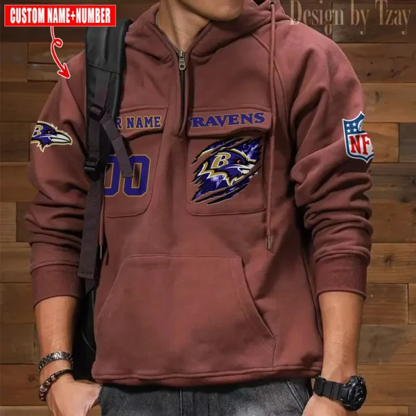 Baltimore Ravens NFL Multi Pocket Zipper Retro Hoodie AZVMHD765