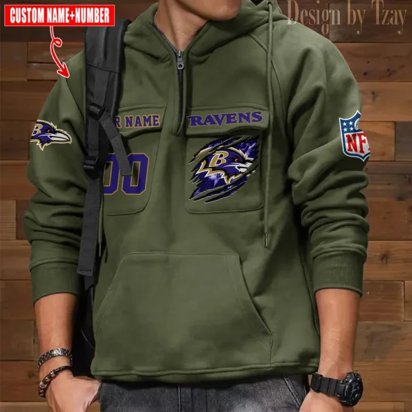 Baltimore Ravens NFL Multi Pocket Zipper Retro Hoodie AZVMHD765 - Image 4