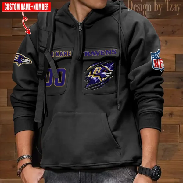 Baltimore Ravens NFL Multi Pocket Zipper Retro Hoodie AZVMHD765 - Image 7