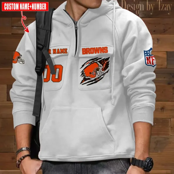 Cleveland Browns NFL Multi Pocket Zipper Retro Hoodie AZVMHD760 - Image 3