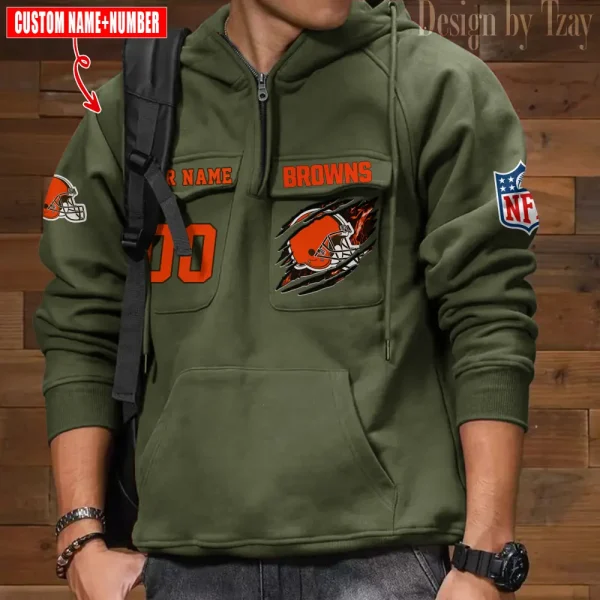 Cleveland Browns NFL Multi Pocket Zipper Retro Hoodie AZVMHD760 - Image 4