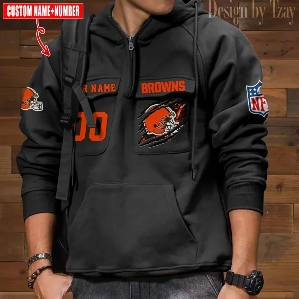 Cleveland Browns NFL Multi Pocket Zipper Retro Hoodie AZVMHD760 - Image 7