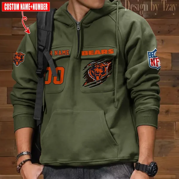 Chicago Bears NFL Multi Pocket Zipper Retro Hoodie AZVMHD762 - Image 4