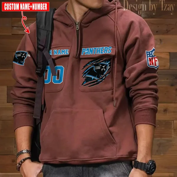 Carolina Panthers NFL Multi Pocket Zipper Retro Hoodie AZVMHD763