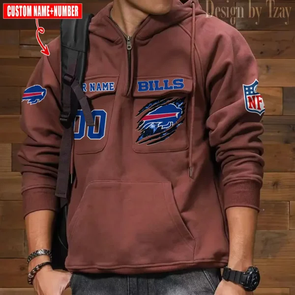 Buffalo Bills NFL Multi Pocket Zipper Retro Hoodie AZVMHD764 - Image 2