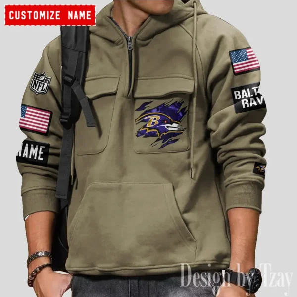 Baltimore Ravens NFL Multi Pocket Zipper Retro Hoodie AZVMHD791 - Image 3