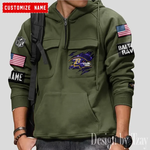 Baltimore Ravens NFL Multi Pocket Zipper Retro Hoodie AZVMHD791 - Image 5