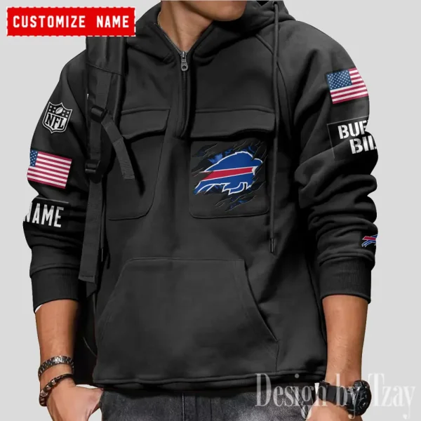 Buffalo Bills NFL Multi Pocket Zipper Retro Hoodie AZVMHD792 - Image 4