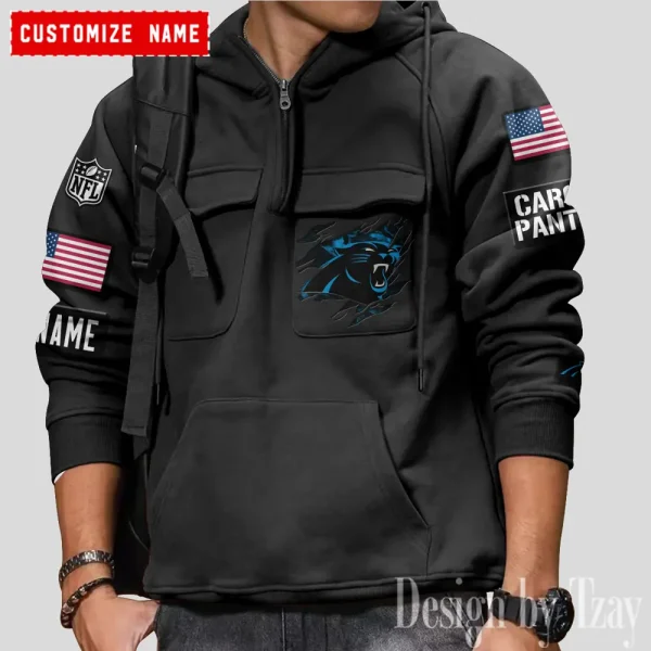 Carolina Panthers NFL Multi Pocket Zipper Retro Hoodie AZVMHD793