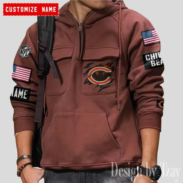 Chicago Bears NFL Multi Pocket Zipper Retro Hoodie AZVMHD794 - Image 2