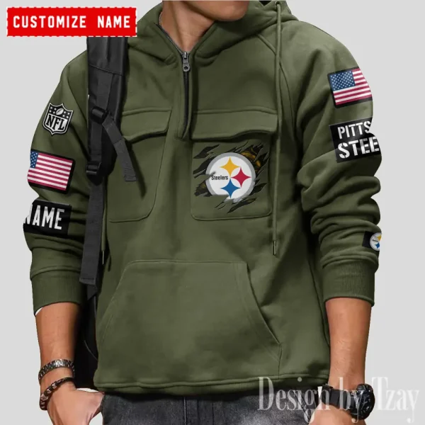 Pittsburgh Steelers NFL Multi Pocket Zipper Retro Hoodie AZVMHD771 - Image 2