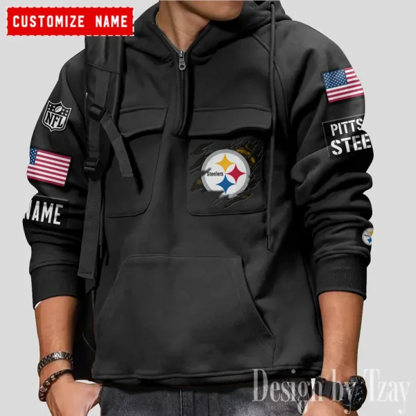 Pittsburgh Steelers NFL Multi Pocket Zipper Retro Hoodie AZVMHD771 - Image 4