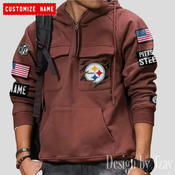 Pittsburgh Steelers NFL Multi Pocket Zipper Retro Hoodie AZVMHD771 - Image 5