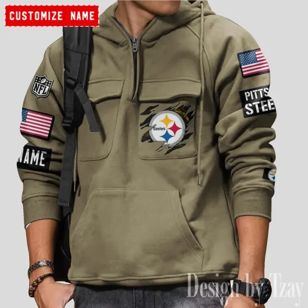 Pittsburgh Steelers NFL Multi Pocket Zipper Retro Hoodie AZVMHD771 - Image 6