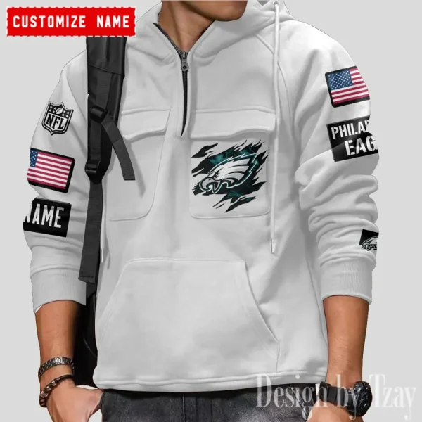 Philadelphia Eagles NFL Multi Pocket Zipper Retro Hoodie AZVMHD772 - Image 2