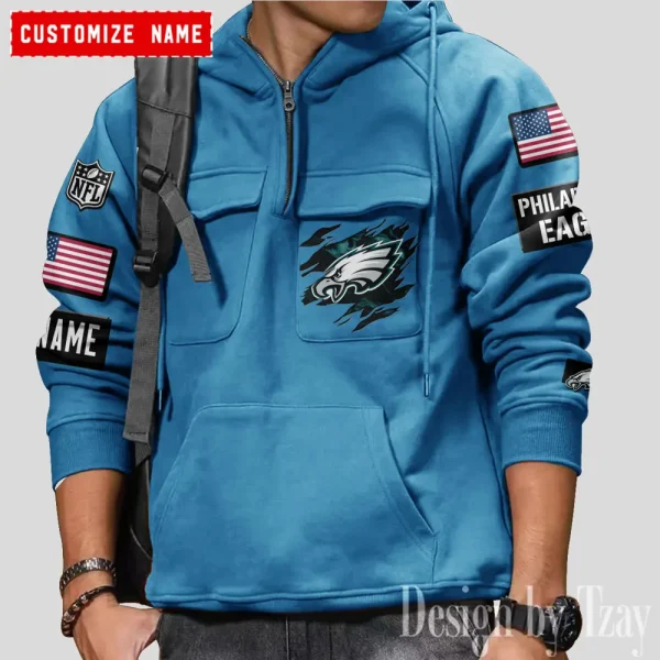 Philadelphia Eagles NFL Multi Pocket Zipper Retro Hoodie AZVMHD772 - Image 4