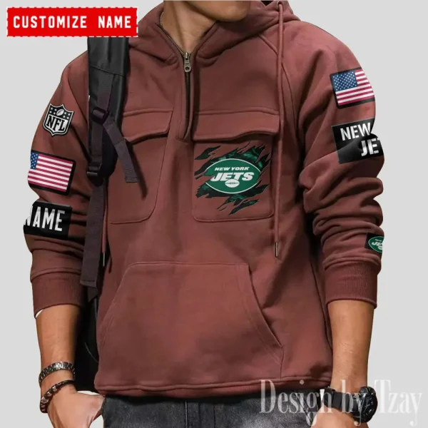 New York Jets NFL Multi Pocket Zipper Retro Hoodie AZVMHD773 - Image 5