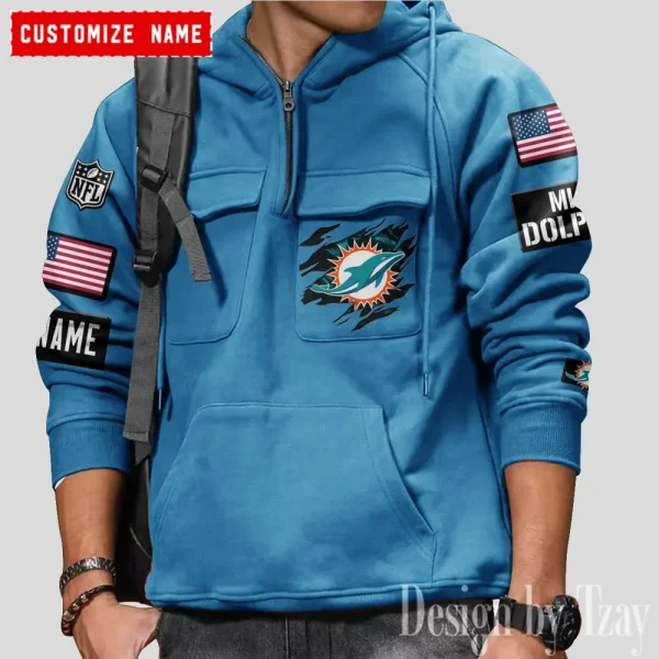 Miami Dolphins NFL Multi Pocket Zipper Retro Hoodie AZVMHD778 - Image 4