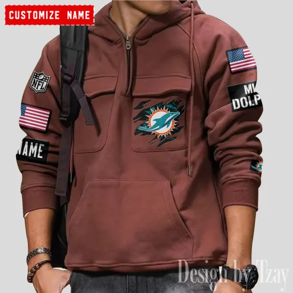 Miami Dolphins NFL Multi Pocket Zipper Retro Hoodie AZVMHD778 - Image 6