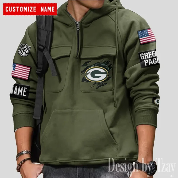 Green Bay Packers NFL Multi Pocket Zipper Retro Hoodie AZVMHD786 - Image 3