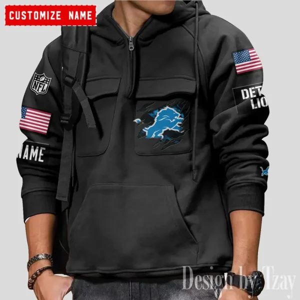 Detroit Lions NFL Multi Pocket Zipper Retro Hoodie AZVMHD787