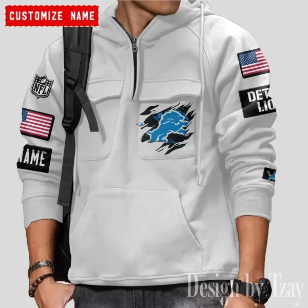 Detroit Lions NFL Multi Pocket Zipper Retro Hoodie AZVMHD787 - Image 2