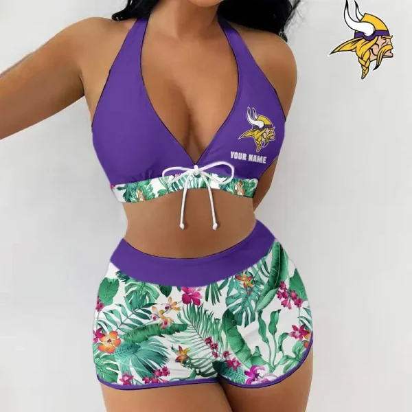 Minnesota Vikings Women 2pcs Bowknot Shorts With Bra Swimsuit Set SPTSWBRA036