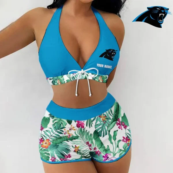 Carolina Panthers Women 2pcs Bowknot Shorts With Bra Swimsuit Set SPTSWBRA042