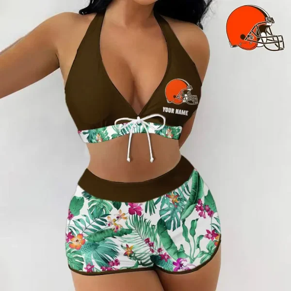 Cleveland Browns Women 2pcs Bowknot Shorts With Bra Swimsuit Set SPTSWBRA044