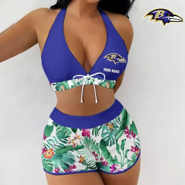 Baltimore Ravens Women 2pcs Bowknot Shorts With Bra Swimsuit Set SPTSWBRA045