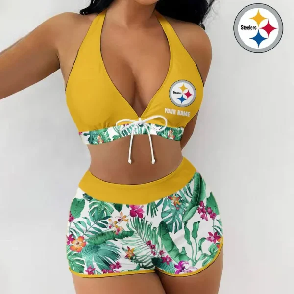 Pittsburgh Steelers Women 2pcs Bowknot Shorts With Bra Swimsuit Set SPTSWBRA048