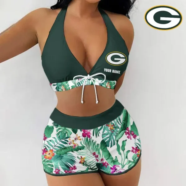 Green Bay Packers Women 2pcs Bowknot Shorts With Bra Swimsuit Set SPTSWBRA054