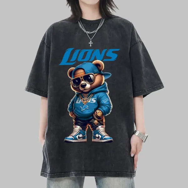 Detroit Lions Swag Teddy Beer Vintage Wash T-shirt New Style Gift For Fans AZTS996 - Image 2