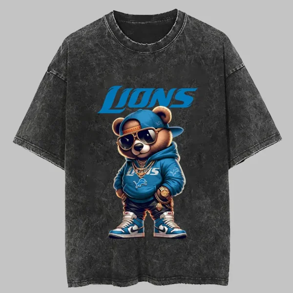 Detroit Lions Swag Teddy Beer Vintage Wash T-shirt New Style Gift For Fans AZTS996 - Image 3