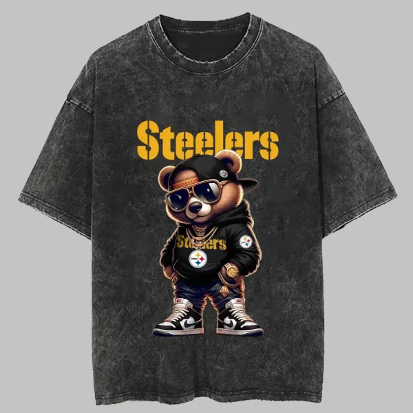 Pittsburgh Steelers Swag Teddy Beer Vintage Wash T-shirt New Style Gift For Fans AZTS1001 - Image 3