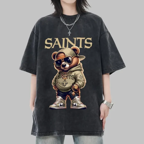 New Orleans Saints Swag Teddy Beer Vintage Wash T-shirt New Style Gift For Fans AZTS1004 - Image 2