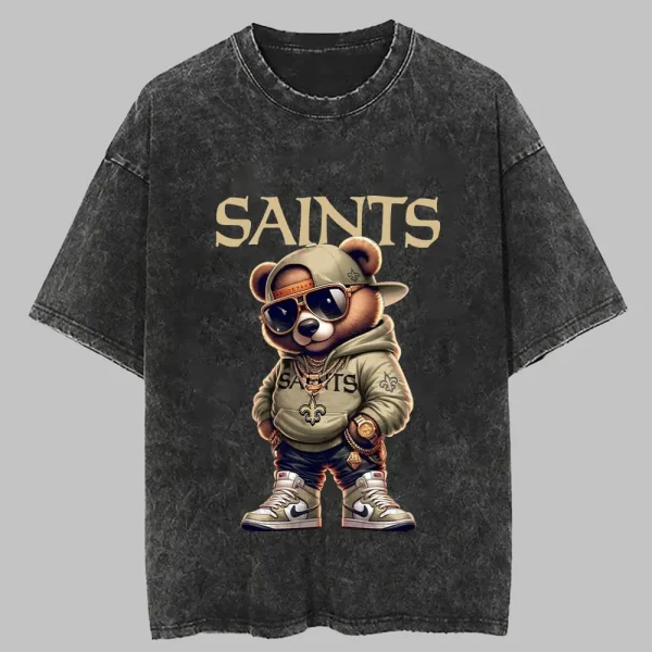 New Orleans Saints Swag Teddy Beer Vintage Wash T-shirt New Style Gift For Fans AZTS1004 - Image 3