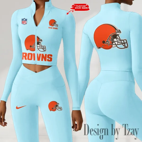 Cleveland Browns Zipper Sports Top Women Gym Long Sleeve for Fitness SPTZSTW040 - Image 3