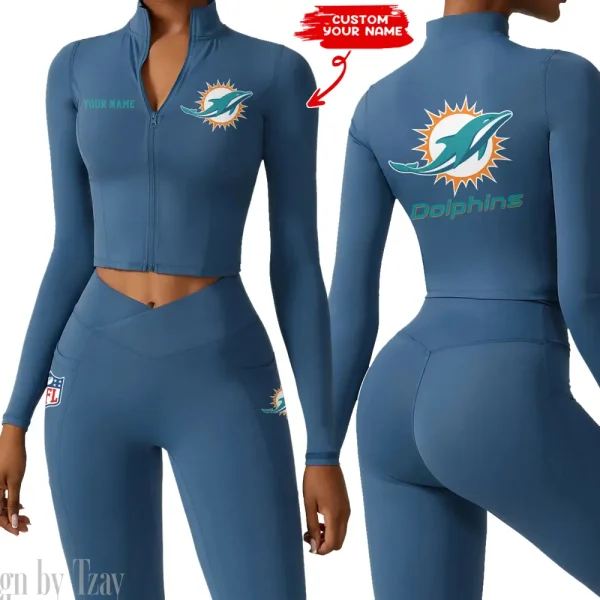Miami Dolphins Zipper Sports Top Women Gym Long Sleeve for Fitness SPTZSTW084 - Image 4