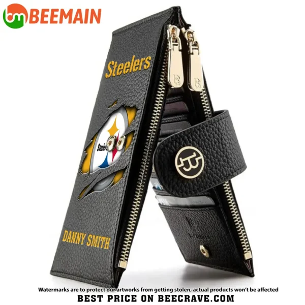 Pittsburgh Steelers Leather Wallets RFID Blocking Slim Bifold Purse Card Holder with Zipper Pocket SPTLWBSCSZP006
