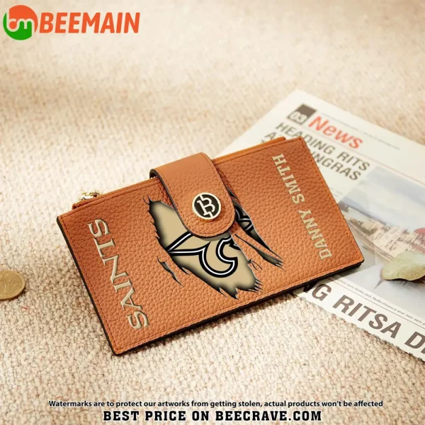 New Orleans Saints Leather Wallets RFID Blocking Slim Bifold Purse Card Holder with Zipper Pocket SPTLWBSCSZP010 - Image 5