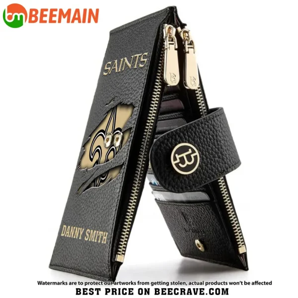 New Orleans Saints Leather Wallets RFID Blocking Slim Bifold Purse Card Holder with Zipper Pocket SPTLWBSCSZP010