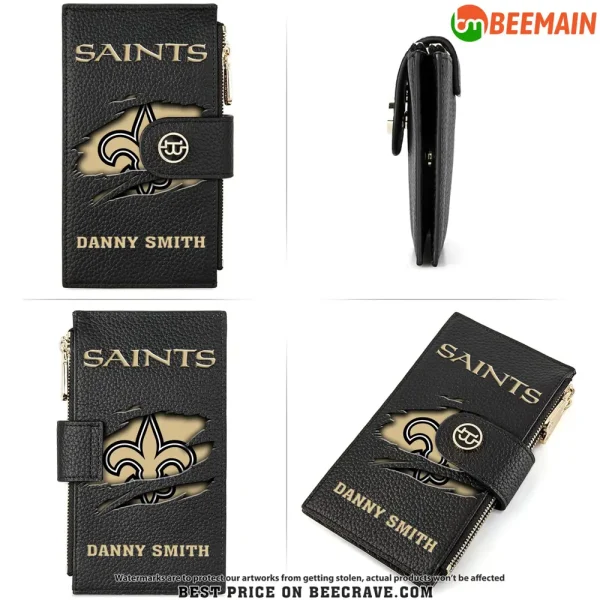 New Orleans Saints Leather Wallets RFID Blocking Slim Bifold Purse Card Holder with Zipper Pocket SPTLWBSCSZP010 - Image 4