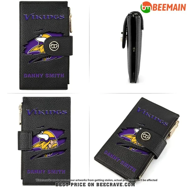 Minnesota Vikings Leather Wallets RFID Blocking Slim Bifold Purse Card Holder with Zipper Pocket SPTLWBSCSZP012 - Image 4