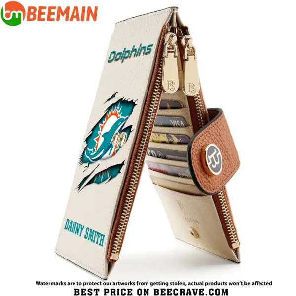 Miami Dolphins Leather Wallets RFID Blocking Slim Bifold Purse Card Holder with Zipper Pocket SPTLWBSCSZP013 - Image 3