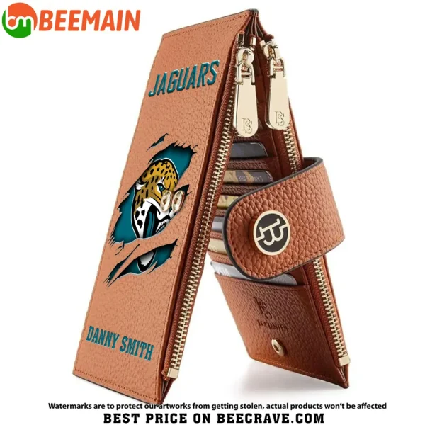 Jacksonville Jaguars Leather Wallets RFID Blocking Slim Bifold Purse Card Holder with Zipper Pocket SPTLWBSCSZP018